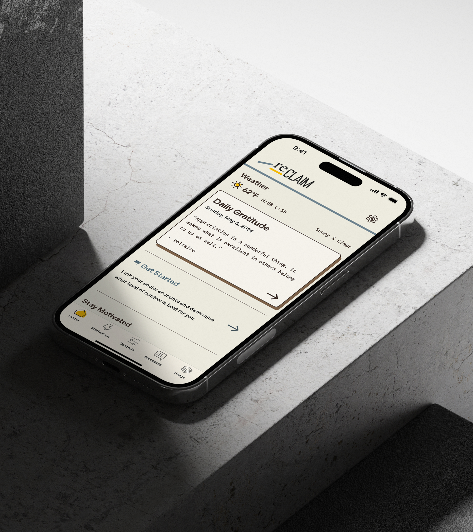 iPhone on a marble ledge with the Reclaim app dashboard UI.